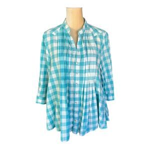 Tasha Polizzi Check Snap Down Shirt Size Large Cotton Boxy Lagenlook Pintuck